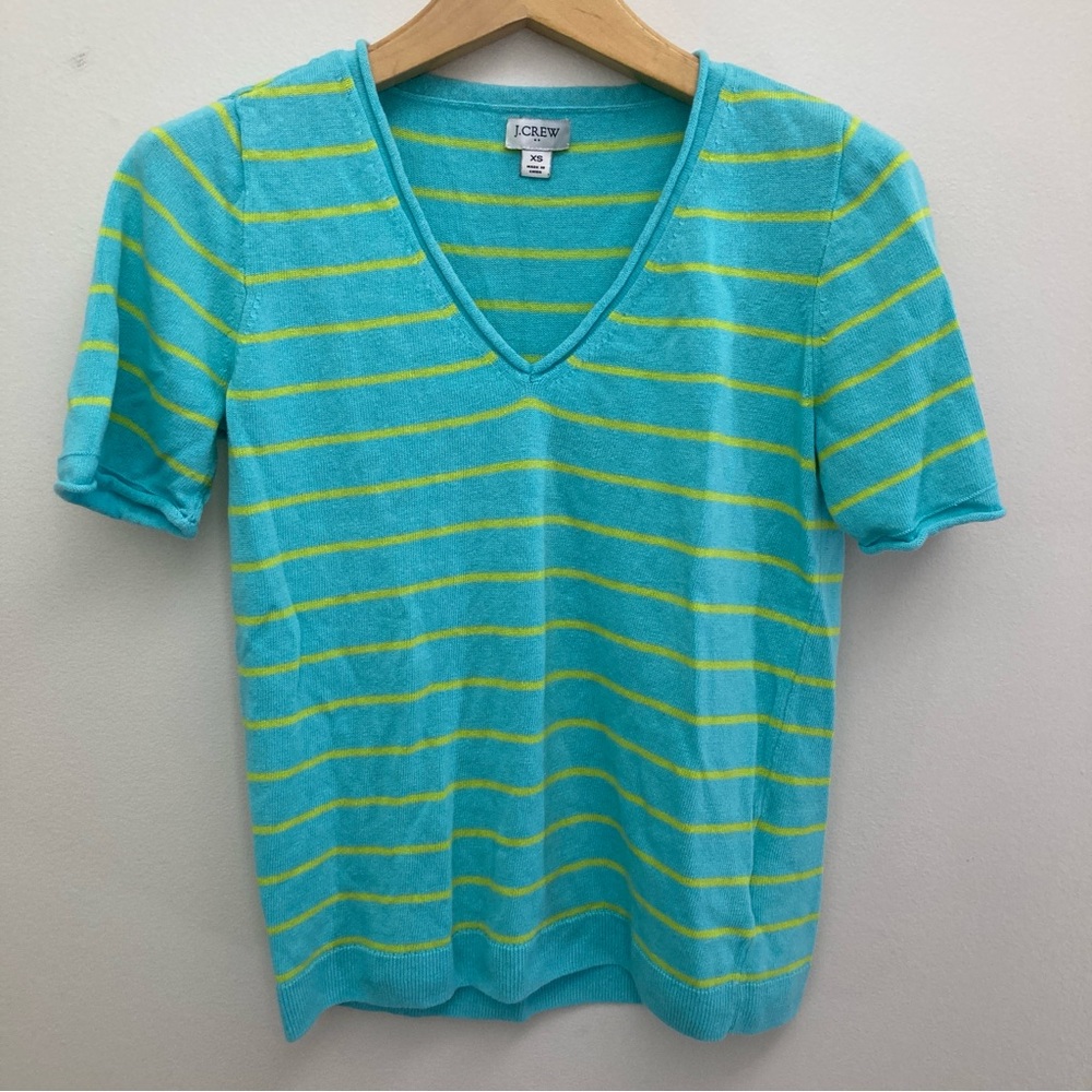 J. Crew XS Turquoise and Citron Striped V-Neck Sweater Tee